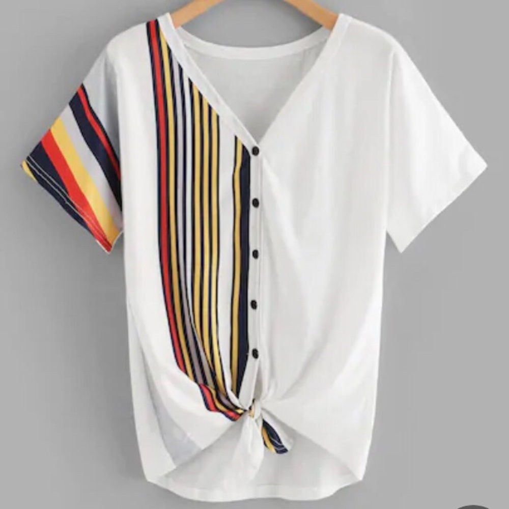 Contrast Striped Button Through Tee